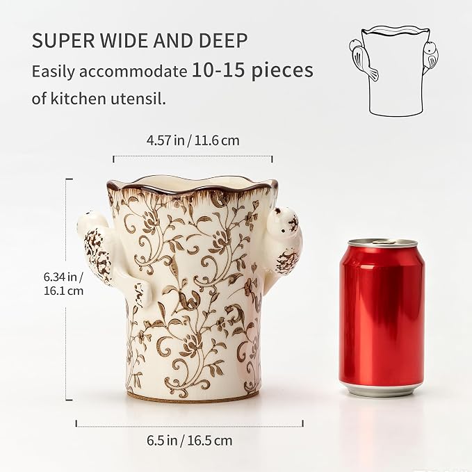 6.34"H Utensil Holder for Kitchen Counter, Modern Farmhouse Cooking Utensil Holder and Crock Home Kitchen Decor, Ceramic Utensil Organizer for Spatula, Ladle, Eggbeater- Brown Flower Patterns