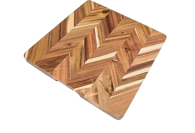 Lipper International Acacia Herringbone Square Cutting and Serving Board with Inset Handles for Chopping Meats, Fruits and Vegetables, 14" x 14" x 1" Thick