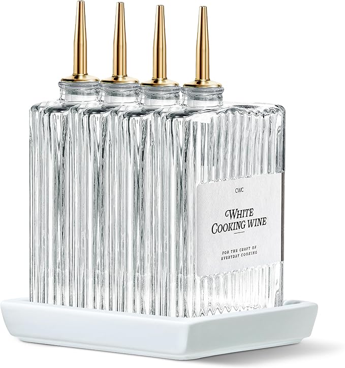 COOK WITH COLOR Olive Oil Dispenser Bottle - 4 Pk Glass Oil Dispenser for Kitchen - Condiment, Coffee Syrup & Vinegar Dispenser, Olive Oil Cruet, Includes 8 Auto Pourer Spouts