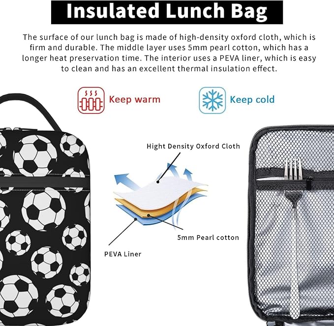 Gianlaima American Soccer Ball Football Insulated Lunch Box For Women Man, Portable Lunch Bag Reusable Cooler Tote For Office Work Travel Picnic Camping Beach