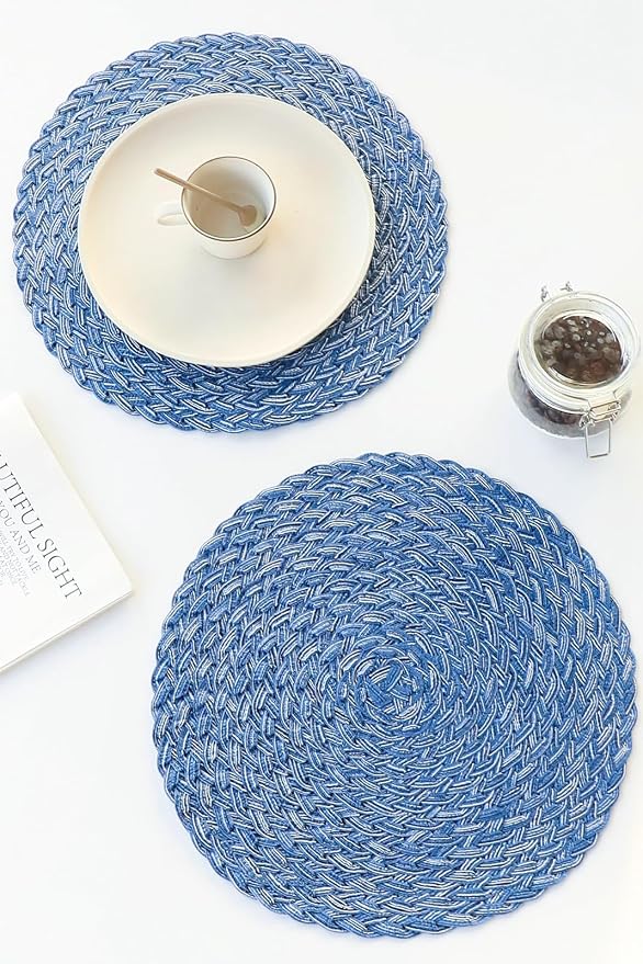 Floroom 15 Inch Round Braided Placemats Set of 4, Washable Heat Resistant Cotton Polyester Circle Boho Place Mats for Kitchen Dining Table - Seascape Blue