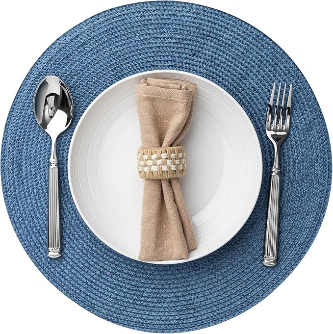 Baroyal Round Placemats Set of 4 Plastic Woven Placemats Washable Wipeable Table Mats for Dining Table Heat Resistant Non-Slip Circle Place Mats (Royal Blue)