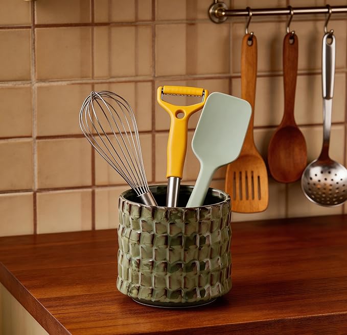 Utensil Crock Kitchen Utensil Holder, 5 Inches Small Ceramic Utensil Holder for Countertop, Unique Embossed Checkered Pattern, Seaweed Green Cooking Utensil Crocks for Kitchen, Home Decor Gift