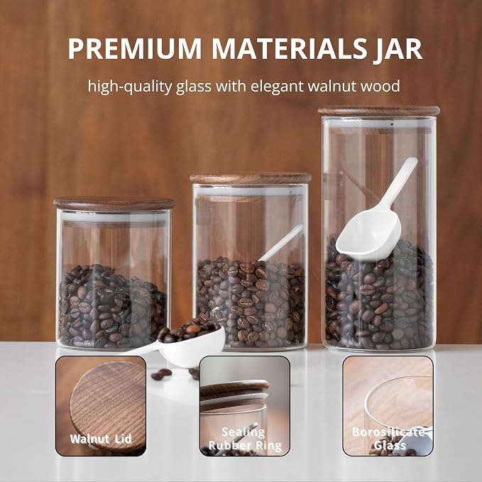 Vandroop 27oz Glass Storage Jars with Airtight Walnut Lid, Clear Glass Containers for Tea, Sugar, Candy, Cookie, Coffee Bean 800ml