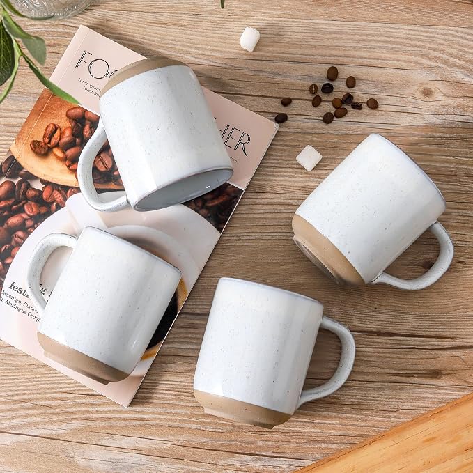 Ceramic Coffee Mugs Set of 4, 14oz Coffee Cups with Large Handle, Stoneware Two-Tone Tea Mugs for Latte, Cappuccino, Bluish White Speckled, Terracotta Base,Housewarming Gift,Dishwasher&Microwave Safe