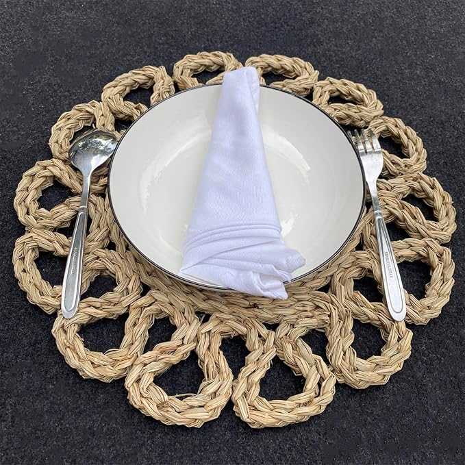 Laquedecraft 13.8" Set of 6 Seagrass Placemats | Boho Woven Rattan Table Mats | Farmhouse Wicker Spring Plate Chargers Like Water Hyacinth, Seagrass for Wedding, Party, Christmas, Events
