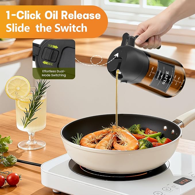 OURCABECUE Upgraded Made Oil Sprayer for Cooking 2 Set, Dark Brown 2 in 1 Spray and Pour Olive Oil Dispenser 16oz 470ml Glass Oil Spray Bottle, Mist Olive Oil Dispensing with Scale & 8 labels