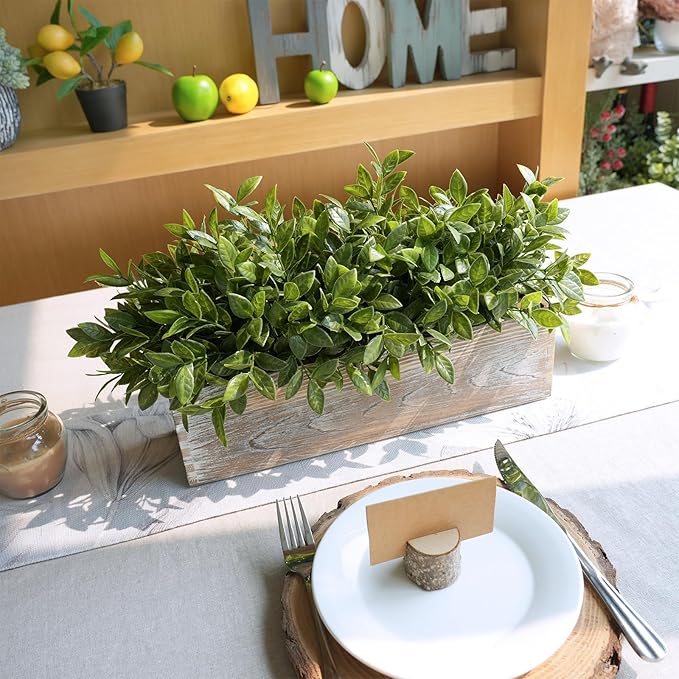 Winlyn 14" Faux Boxwood Plant in Rectangular Wood Planter Box Rustic Greenery Arrangement Artificial Potted Herb Plant for Farmhouse Home Decor Wedding Mantel Shelf Windowsill Dinner Table Centerpiece