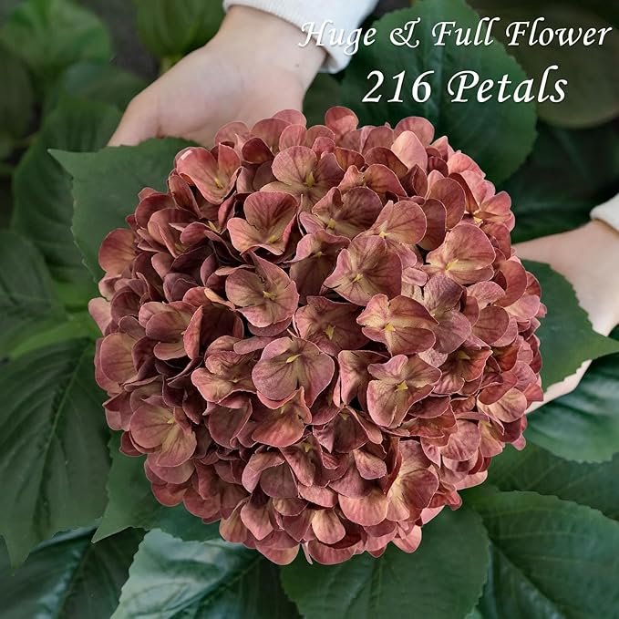 JINWOE Dark Coffee Silk Hydrangea Artificial Flowers, 4Pcs 22Inch Full Fake Artificial Hydrangeas with Stems for Bouquet Table Centerpieces Home Decoration Porch Outdoor