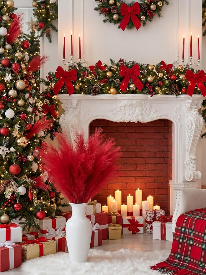 ZIFTY Boho Decor 7-Pcs 38"/3.1FT Faux Pampas Grass Large Tall Fluffy Artificial Fake Flower Bulrush Reed Grass for Vase Filler Farmhouse Home Wedding Decorations (Red)