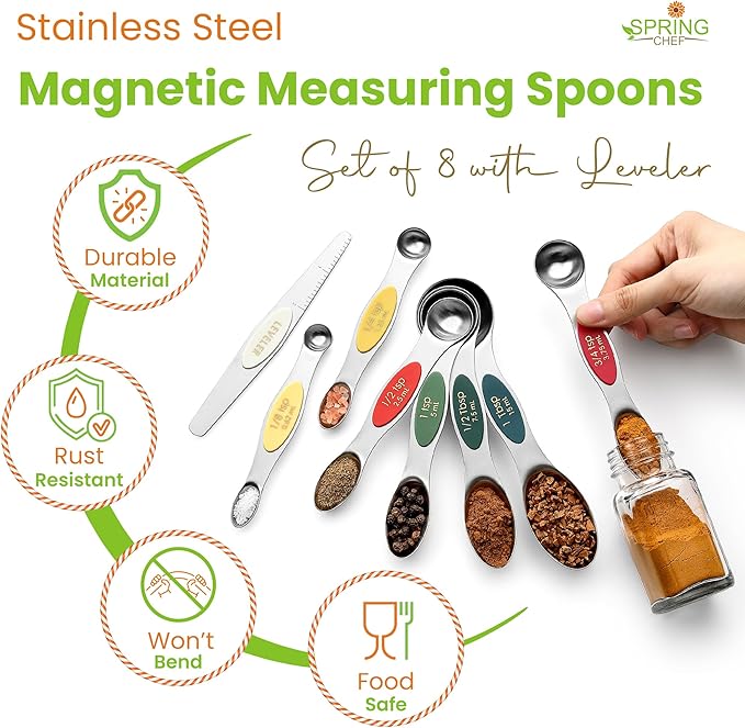 Spring Chef Stainless Steel Magnetic Measuring Spoons Set of 8 with Leveler, Metal Teaspoon & Tablespoon Measure Spoons Set for Baking & Cooking, Stackable & Double Sided Kitchen Gadgets - Very Merry