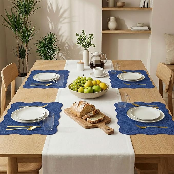AHHFSMEI Faux Linen Placemats Set of 6 Heat Resistant Non-Slip Stain Proof Table Mats for Kitchen Dining Elegant Decor Place Mats (Blue)