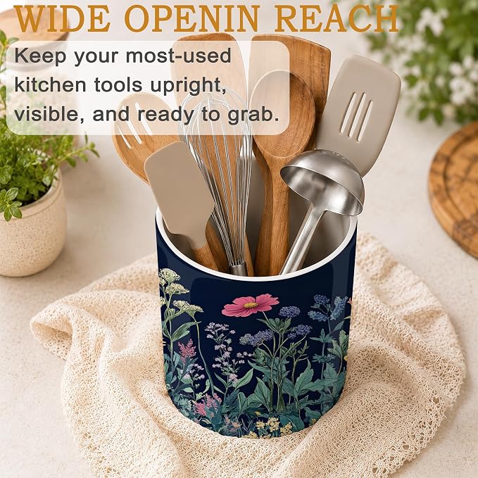 Wildflower Spring Floral Kitchen Utensil Holder,Garden Flowers Large Ceramic Utensil Crock for Countertop,Cooking Utensil Organizer for Spatulas, Spoons