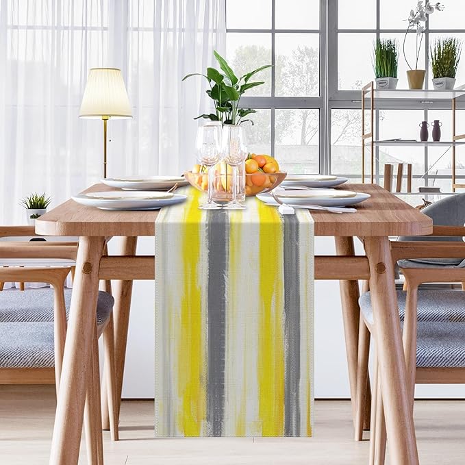 Emvency Yellow Abstract Table Runner, Modern Grey White Striped Dining Decor for Kitchen Coffee Table Family Dinners Holiday Parties Wedding Events Decor(13x72 inch)