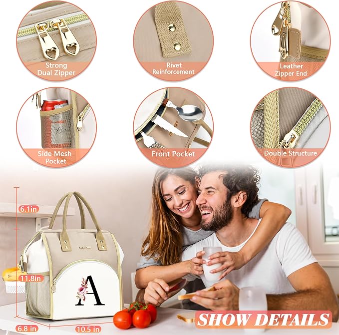 Initial Lunch Bag Women, Cooler Insulated Lunch Bag, Large Adult Leakproof Lunch Box for Picnic Work, Personalized Tote Bag, Birthday Gifts/Mother's Day Gifts, Letter N.