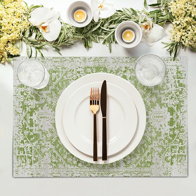 Gray Lime Green Boho Placemats Set of 4 Ethnic Bohemian Carpet Place Mats Washable Kitchen Dining Vintage Grey Geography Floral Linen Table Mats Stain Heat-Resistant for Home Party Indoor 12x18 in