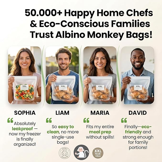 Albino Monkey Reusable Silicone Food Storage Bag XXL 1 Gallon (135 oz) - Leakproof Airtight Stand-Up Freezer Bag for Meal Prep, Sous Vide, BPA-Free, Dishwasher Safe (Clear, 1-Pack)