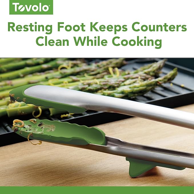 Tovolo Tongs With Silicone Tips Easy Grip 13” Long Kitchen Tongs Stainless Steel Handle For Cooking, Non Scratch Heat Resistant Locking Tongs Silicone Tipped Dishwasher Safe BPA Free, Pesto Green