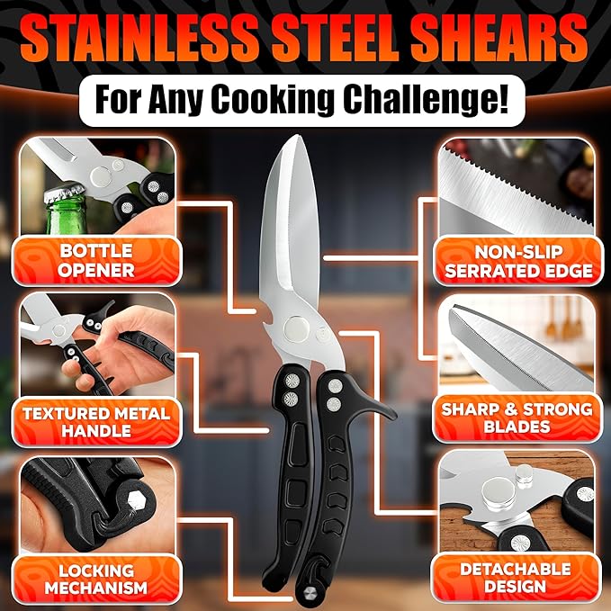 Heavy Duty Poultry Shears – Kitchen Shears Dishwasher Safe, Spring-Loaded, 3Cr14 Steel, Micro-Serrated, Separates for Easy Cleaning | Bone Scissors for Chicken, Turkey, Seafood & Fish Scale (Black)