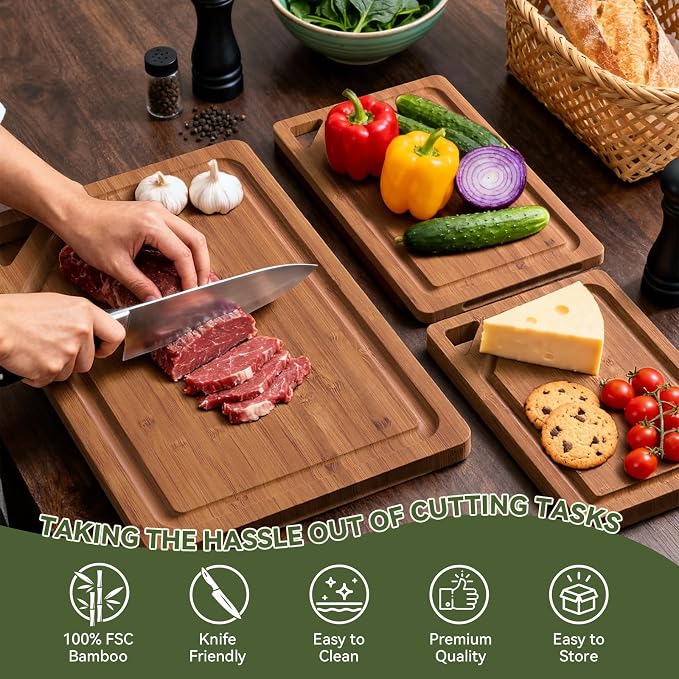 Bamboo Cutting Boards for Kitchen, Wood Cutting Boards with Deep Juice Grooves, 3-Pack Bamboo Cutting Board Set with Holder, Chopping Board & Charcuterie Board for Meal Prep & Serving