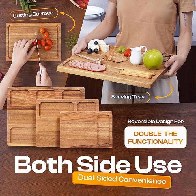 Acacia Wood Cutting Board Set of 3 – 2-in-1 Reversible Butcher Blocks & Serving Trays with Juice Groove, 100% Natural Hardwood, Multi-Size, Gift Box Ready