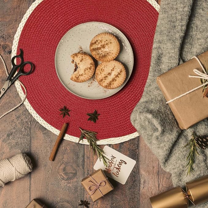 Noctiflorous Braided Round Placemats Set of 4, 15 Inch Woven Table Mats, Non Slip Washable Thin Edge Place Mats for Kitchen Dining Table Decor (Red, 4)
