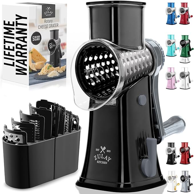 Zulay Kitchen Rotary Cheese Grater 5 Blade Cheese Shredder - Manual Hand Crank Cheese Grater With Reinforced Suction & 5 Interchangeable Drums - Easy to Use, Vegetable Chopper Round Mandoline Slicer