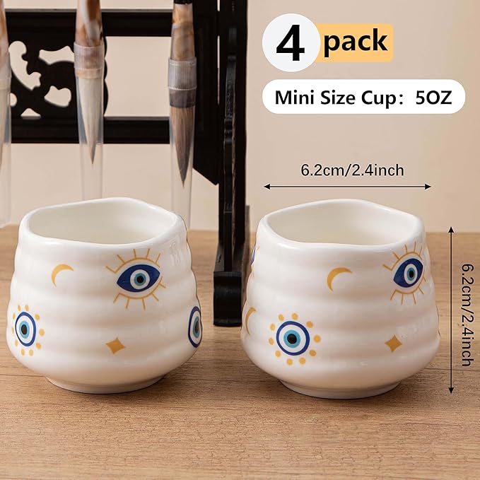 4pcs Japanese Tea Cup Set – Mini Size Cup 5OZ Ceramic Matcha Cup, Handless Espresso Cups, Cute Small Porcelain Coffee Mugs, for Coffee Tea Lovers, Dishwasher & Microwave Safe (Evil Eye)