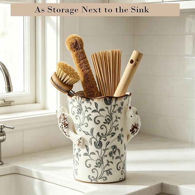 6.34'H Utensil Holder for Kitchen Counter, Modern Farmhouse Cooking Utensil Holder and Crock Home Kitchen Decor, Ceramic Utensil Organizer for Spatula, Ladle, Rolling Pin- Gray Flower Patterns