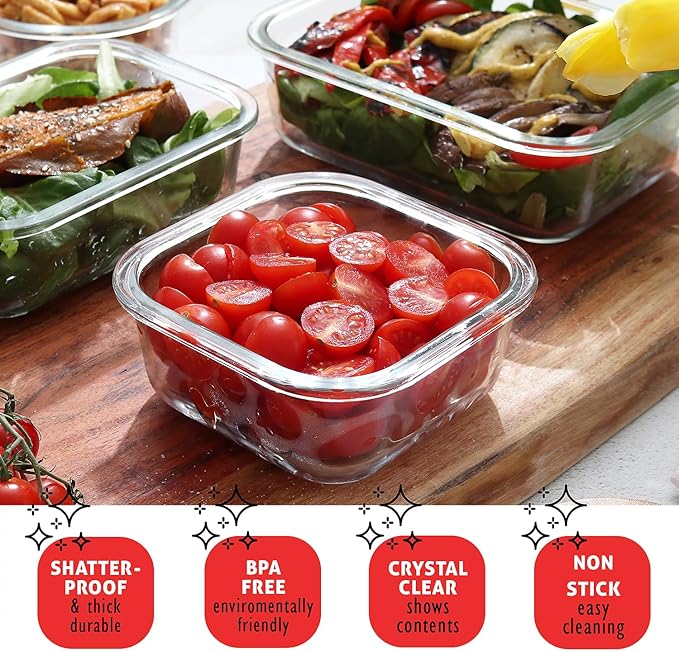 EATEX 16pc Glass Food Storage Containers with Lids, Airtight Glass Meal Prep Containers, 8 Reusable Food Containers with 8 Leakproof Snap Lock Lids, Oven Microwave Freezer Safe Lunch