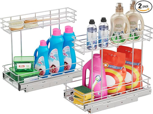 Under Sink Organizer 2 Packs, Pull Out Cabinet Organizer 2 Tier, Under Sink Slide Out Organizer Chrome Plated, Under Kitchen Bathroom Sink Organizer, Pantry Cabinet Closet Organization Rack, 9"W X19"D
