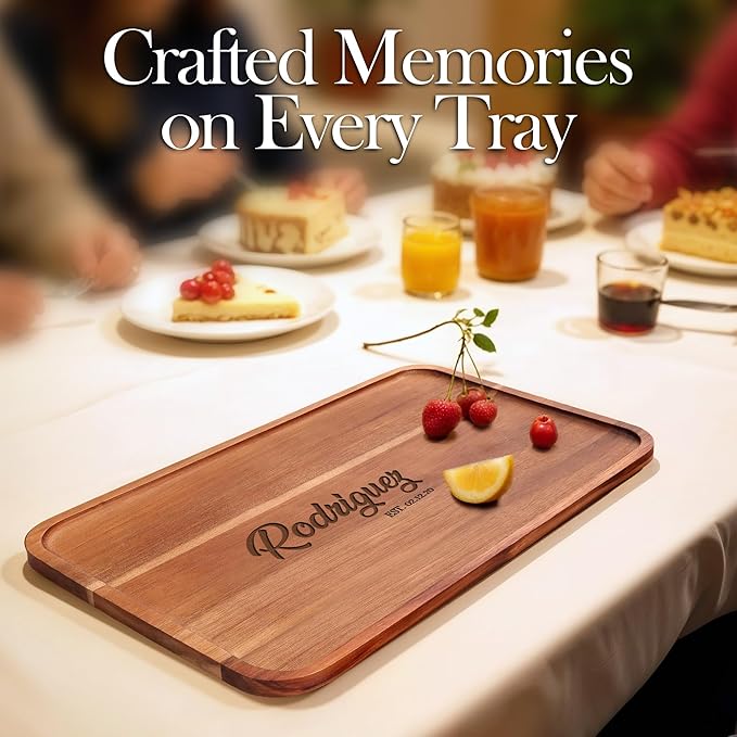 Personalized Acacia Wood Serving Tray with Engraved Name, Wooden Tray for Food, Coffee Table, Kitchen Counter Wedding Gift – Rustic Bed Tray for Eating, Parties, Display and Home Decor Use