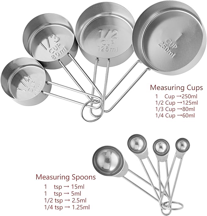 8PCS Measuring Cups, OHOLA Stainless Steel Measuring Cups and Spoons Set, Great for Cooking and Baking