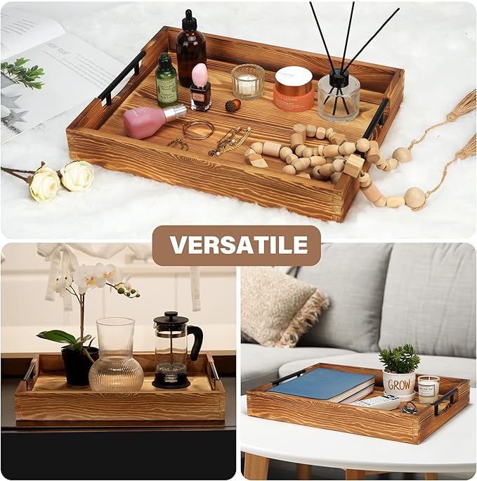 LotFancy Large Ottoman Tray for Living Room, 17x13'' Wood Serving Tray with Handles, Home Décor for Coffee Table, Sofa, 2 Skidproof Coasters Included