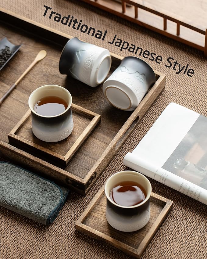 ZENS Japanese Tea Cup Set of 4, 8 oz Gradient Embossed Ceramic Japan Tea Cups - Matcha Tea, Handles FREE, Traditional Asian Cups for Gongfu Tea in Black & White