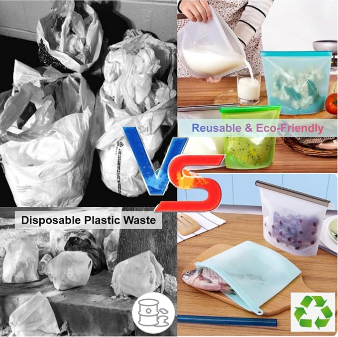 Reusable Silicone Food Storage Bags & Beeswax Wraps Set (7-Piece) | Airtight Leakproof, Freezer Dishwasher Microwave Safe | Eco Friendly Zero Waste Food Storage Containers for Meal Prep, Snack
