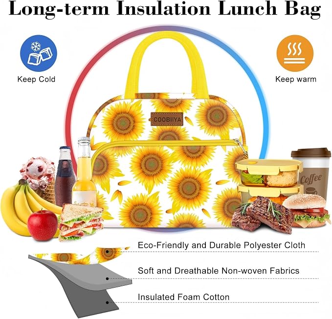 Coobiiya Lunch Bag Women, Lunch Box for Women Adult Men, Small Leakproof Cute Lunch Tote Large Capacity Reusable Insulated Cooler Lunch Container for Work/Office/Picnic/Travel-Sun Flower