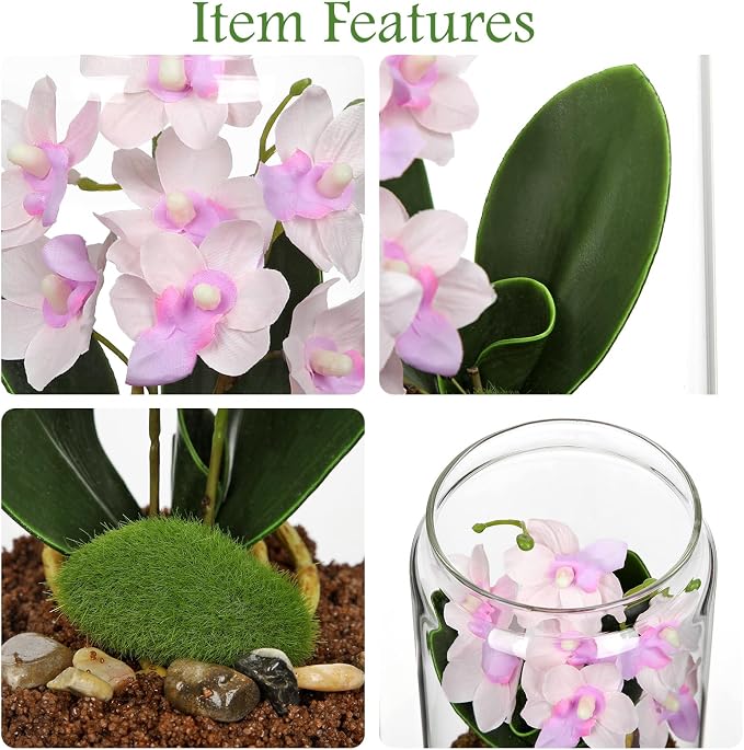 Pink Orchids Artificial Flowers with Vase, Small Faux Orchid Arrangement Fake Orchids Plant in Terrarium Jar Small Pink Orchid Centerpieces for Kitchen Dining Room Tables Bathroom Nightstand Decor