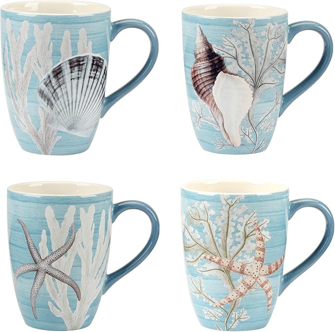 Beyond the Shore 20 oz Ceramic Mugs – Set of 4 with Coastal Shell and Starfish Artwork – Large Coffee or Tea Cups for Ocean Lovers – Dishwasher & Microwave Safe