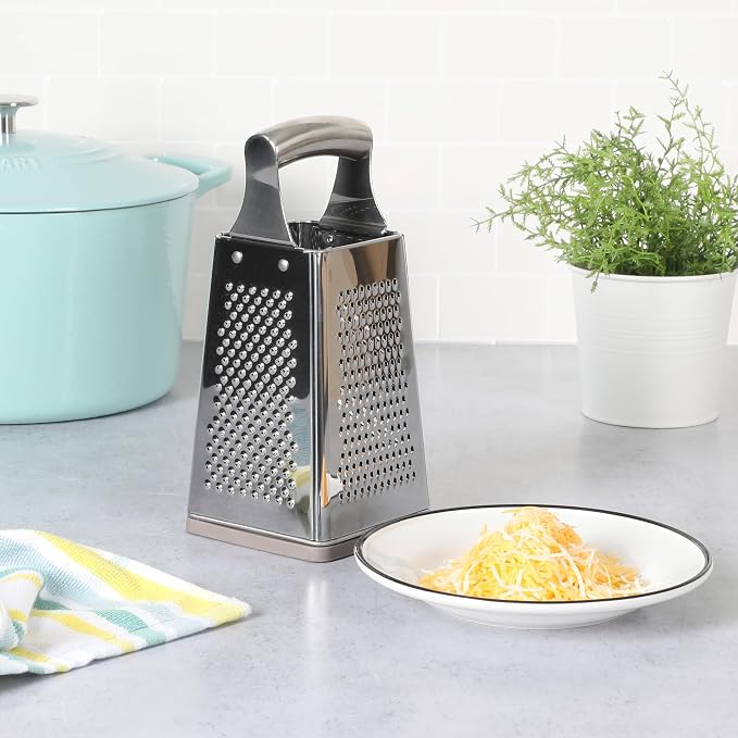 Martha Stewart Sprucedale 9.5-Inch Stainless Steel 4-Sided Box Grater – Durable Kitchen Cheese and Food Grater with Multiple Grating Surfaces