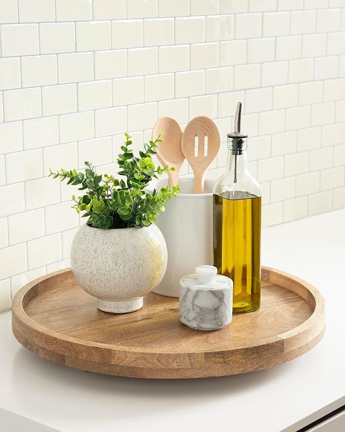 Kate and Laurel Halsey Round Lazy Susan Tray Organizer; 18 Inch Diameter; Natural Brown; Transitional Round Countertop Organizer with Turning Lazy Susan for Kitchen Storage