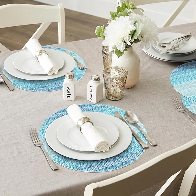 Niviy Round Placemats, Placemats Set of 4, 15 Inch Washable Place Mats Easy to Clean Heat Resistant Table Mats Wipeable Placemat for Holiday Party Kitchen Dining Table Decoration, Blue