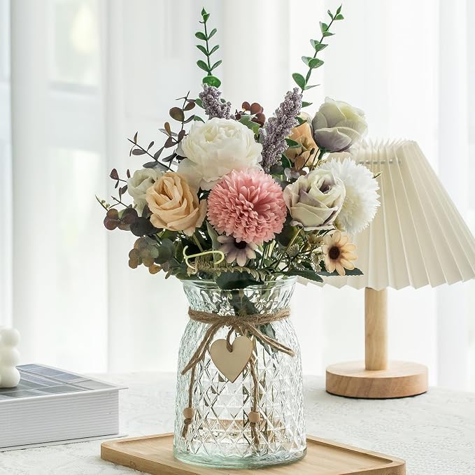 2 Pack Set Fake Flowers with Vase, Faux Peony Silk Flowers for Home Decor,Fake Flowers with Vase for Coffee Table Decor,Living Room Bathroom Plant Decor, Centerpiece Table Decorations