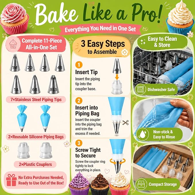 Hendiy Large Piping Tips Set, 11 Pieces Seamless Stainless Steel Cake Decorating Tips Kit, Reusable Piping Bags and Tips Frosting Icing Set for Cupcakes Cookies (2D 2F 1M 4B 1A 6B 853)