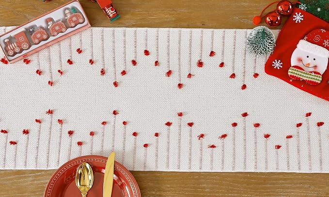 Wracra Christmas Table Runner, Natural Cotton Woven Macrame Table Runners 60 Inches Long for Christmas Decorations,Modern Farmhouse Woven Home Decor, 14x60 Inch, Red