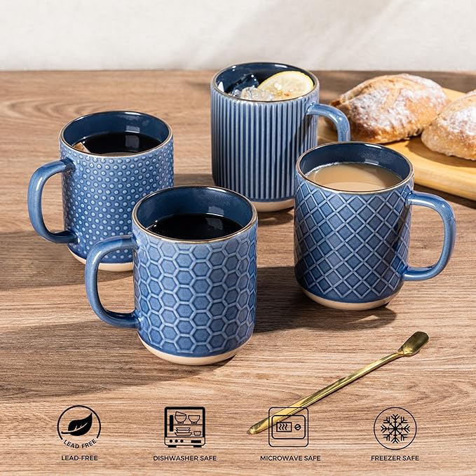 GBhome Stoneware Coffee Mugs Set of 4, 12oz Handmade Ceramic Coffee Mugs Set with Large Handle for Cappuccino/Latte/Tea/Hot Cocoa, Dishwasher & Microwave Safe, Moonlight Blue