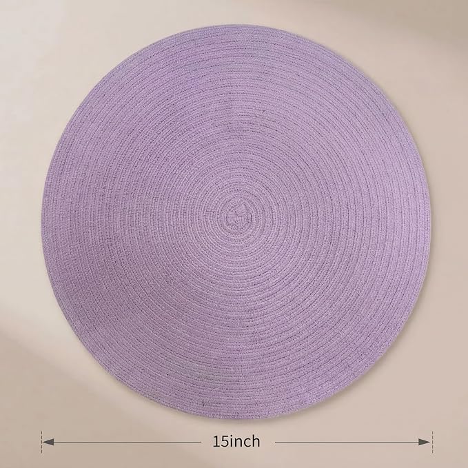 FunWheat Round Braided Placemats Set of 6 Place mats for Dining Tables Woven Heat Resistant Table Mats 15 inch (Light Purple,6pcs)