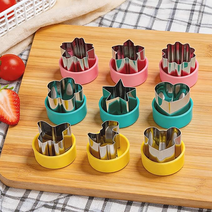 Mini Fruit Vegetable Cookie Cutters Shapes Set - 9Pcs 1.5 inch | Stainless Steel, Detachable PP Covers, Safe for Kids, Dishwasher Safe, Can Cut Cheese, Sandwich, Fondant, Dough, Craft Clay