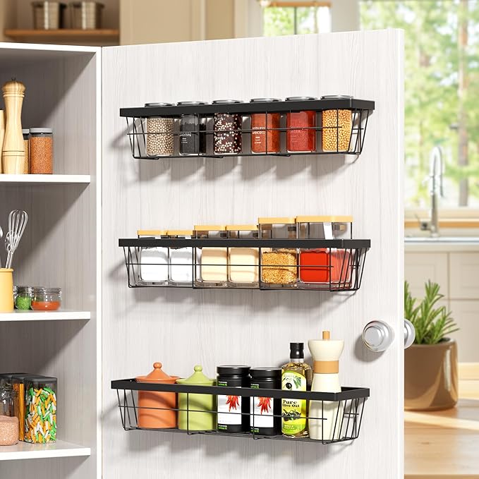 3PCS Cabinet Door Organizer,Self Adhesive Kitchen Cabinet Organizer,Over the Door Organizer Storage Box,metal Pantry Door Organizer,Storage shelf rv must haves. (Blackiron)