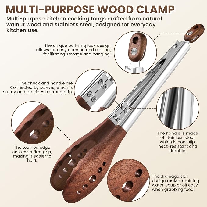 Kitchen Wooden Tongs for Cooking - 9 Inch & 12 Inch Nonstick Natural Walnut Wood Tongs, Stainless Steel Salad Tong with Walnut Wood Tips for Serving Food, Cooking, Salad, BBQ